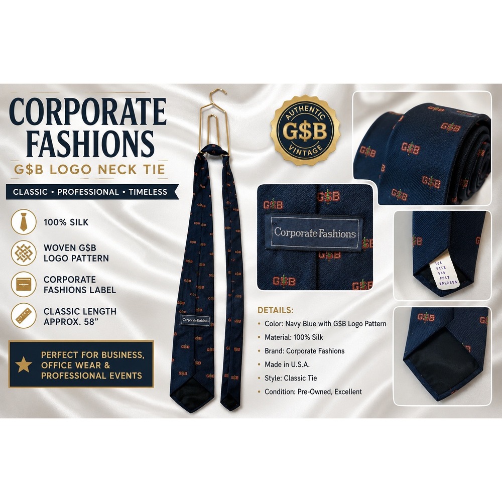Corporate Fashions G$B Logo Silk Neck Tie Navy Blue Classic Professional USA